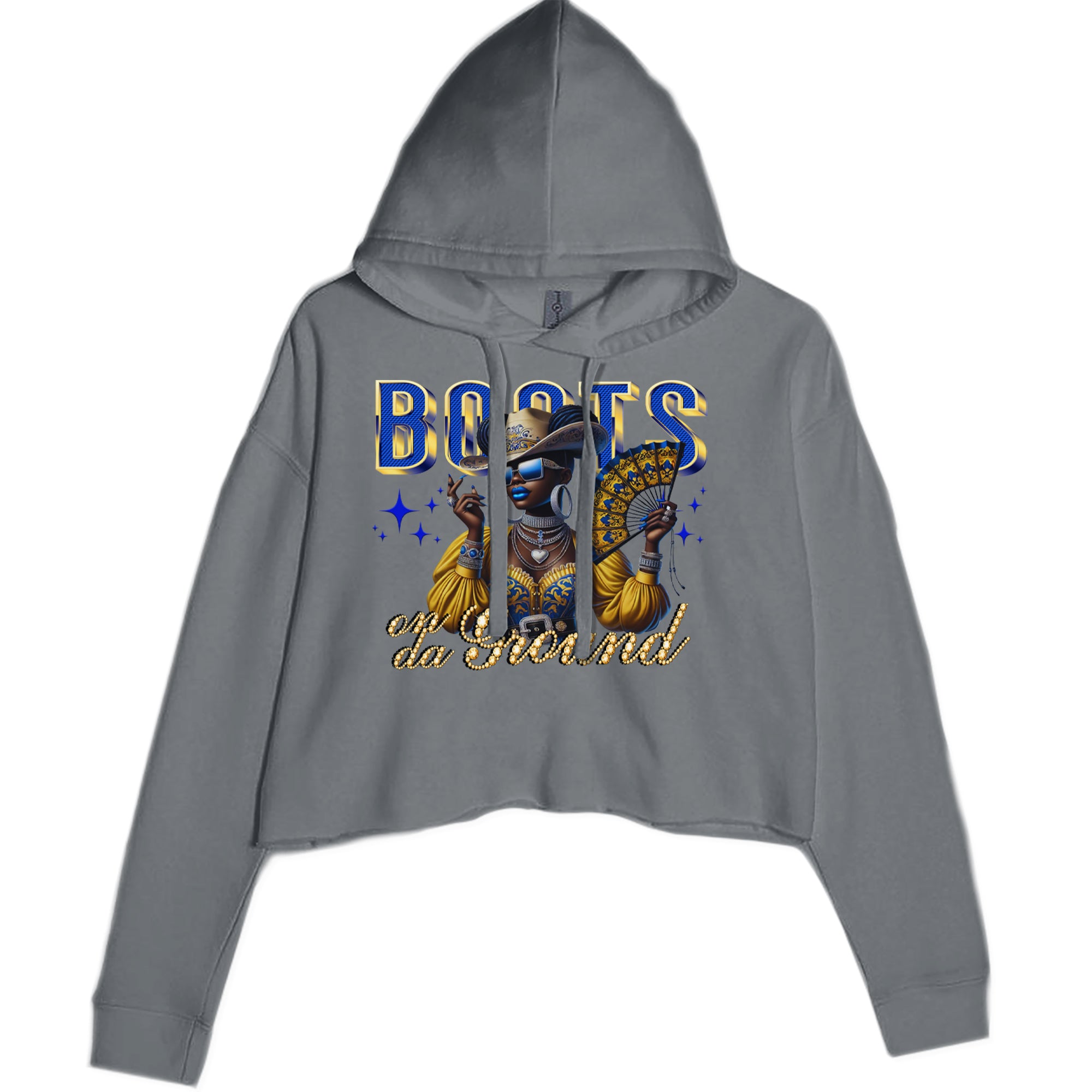 Boots On Da Ground Folding Fan Cropped Hoodie Sweatshirt Charcoal Grey