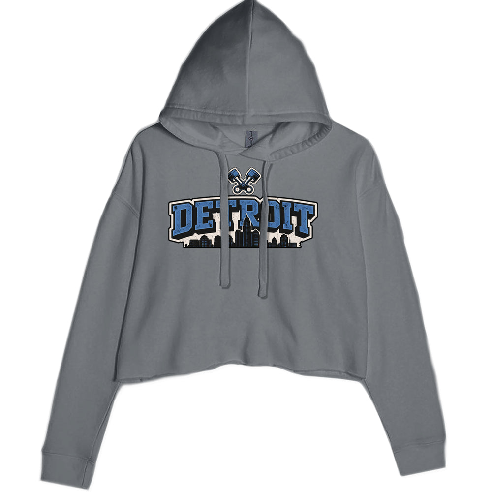 Detroit Motor City Retro Piston graphic on Women's Cropped Fleece Hoodie in Charcoal Grey