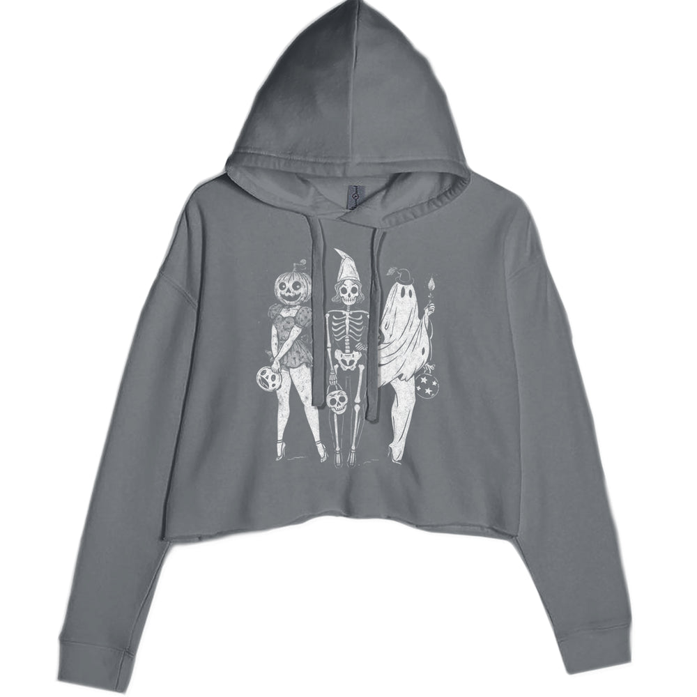 Vintage Spooky Squad Pinup Halloween Design graphic on Women's Cropped Fleece Hoodie in Charcoal Grey