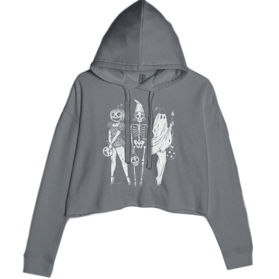 Vintage Spooky Squad Pinup Halloween Design Cropped Hoodie Sweatshirt Charcoal Grey