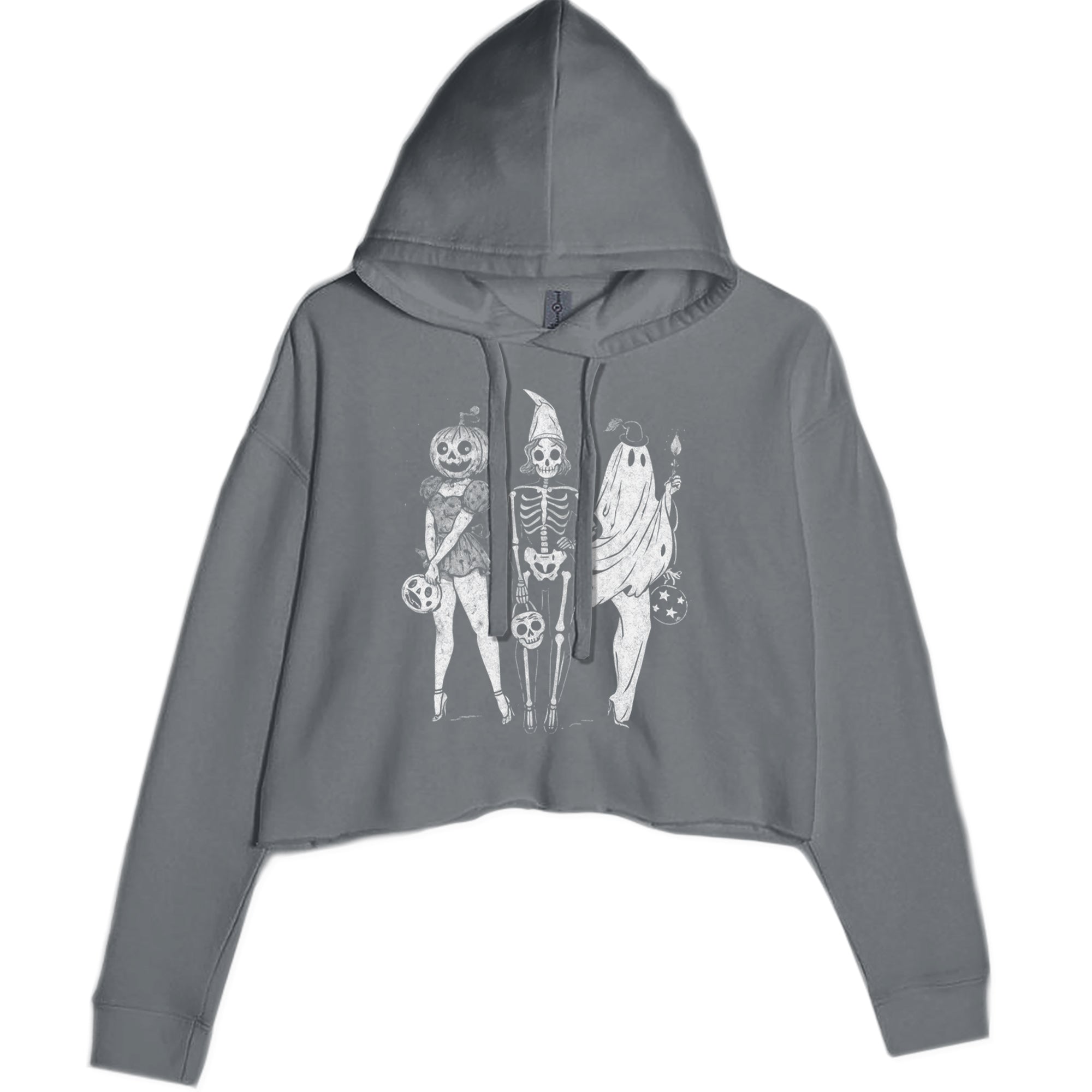 Vintage Spooky Squad Pinup Halloween Design Cropped Hoodie Sweatshirt Charcoal Grey