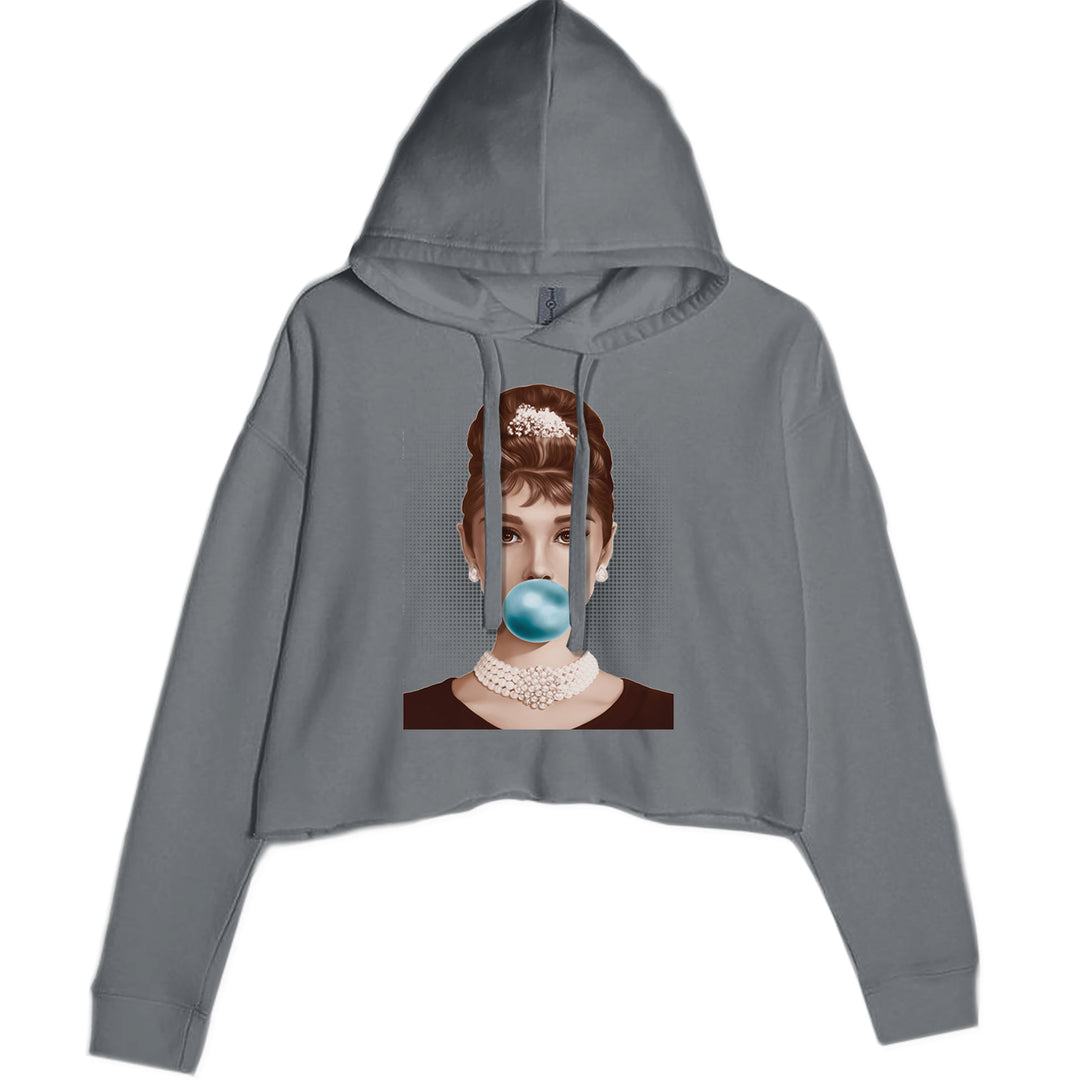 Audrey Hepburn Chewing Bubble Gum American Icon Cropped Hoodie Sweatshirt Charcoal Grey