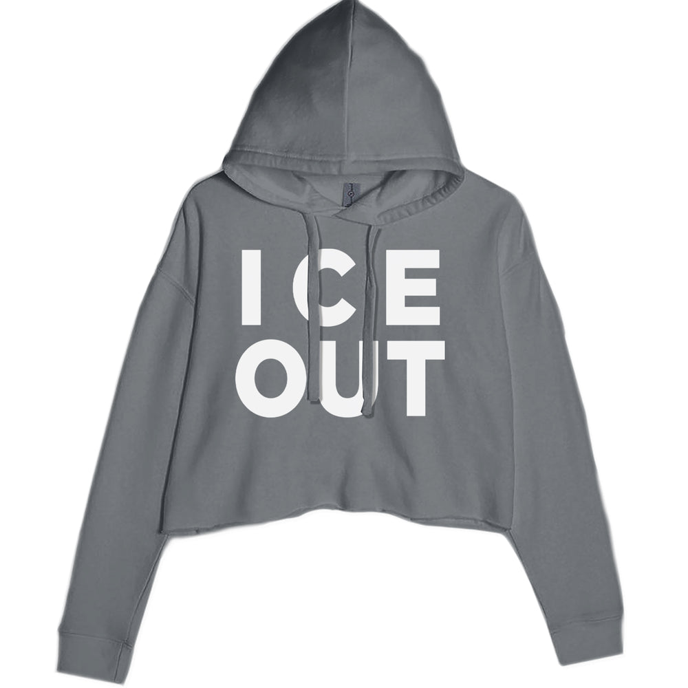 Ice Out Protest graphic on Women's Cropped Fleece Hoodie in Charcoal Grey