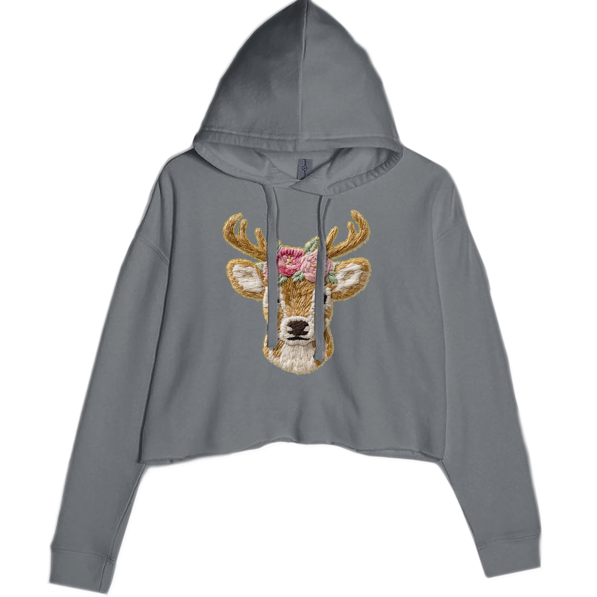 Vintage Reindeer Embroidery Art Soft Cottagecore Cropped Hoodie Sweatshirt Charcoal Grey