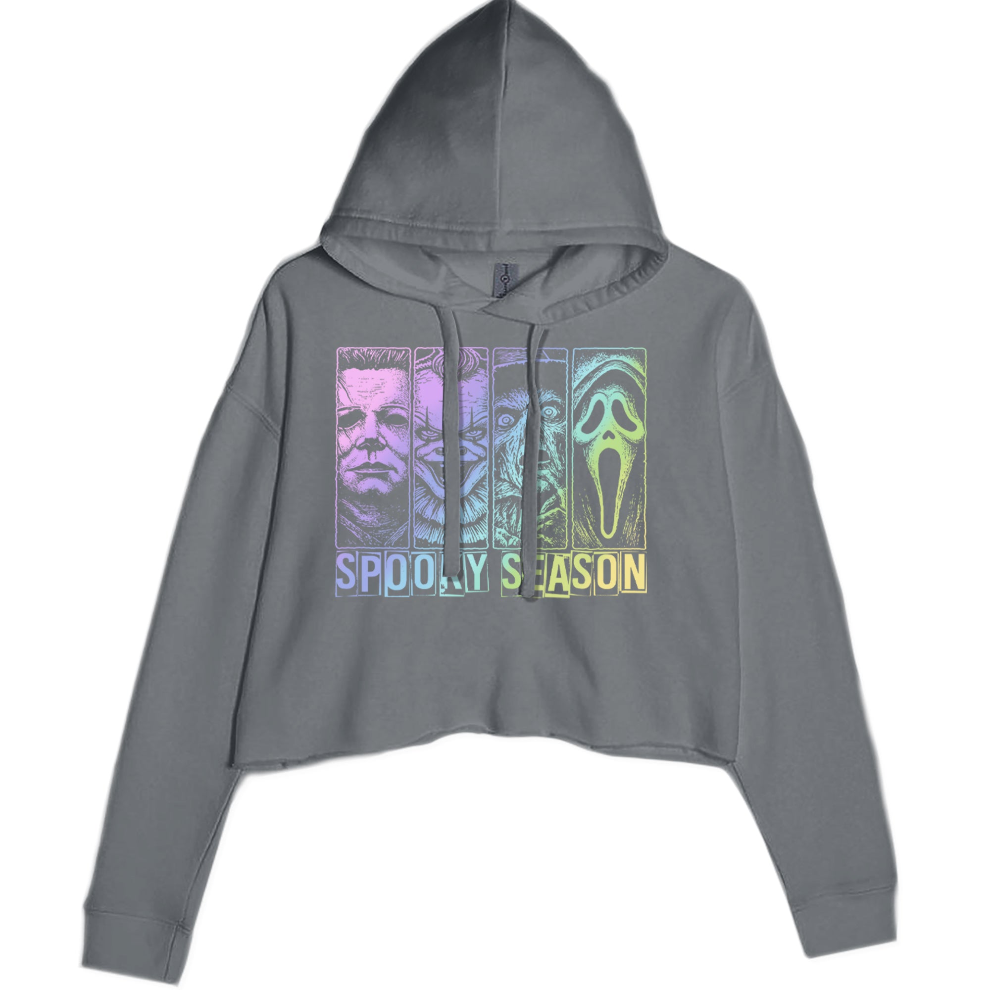 Spooky Season Horror Icons Halloween Cropped Hoodie Sweatshirt Charcoal Grey