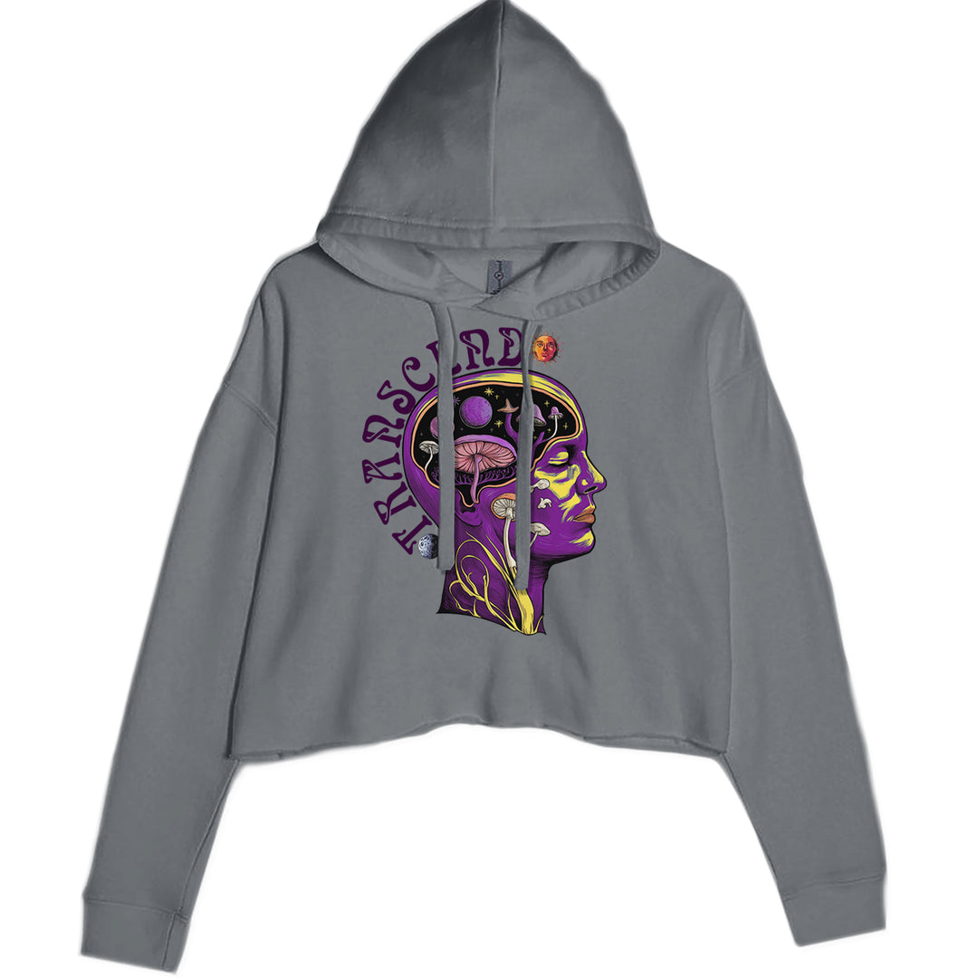 Psychedelic Cosmic Mushroom Head Cropped Hoodie Sweatshirt Charcoal Grey