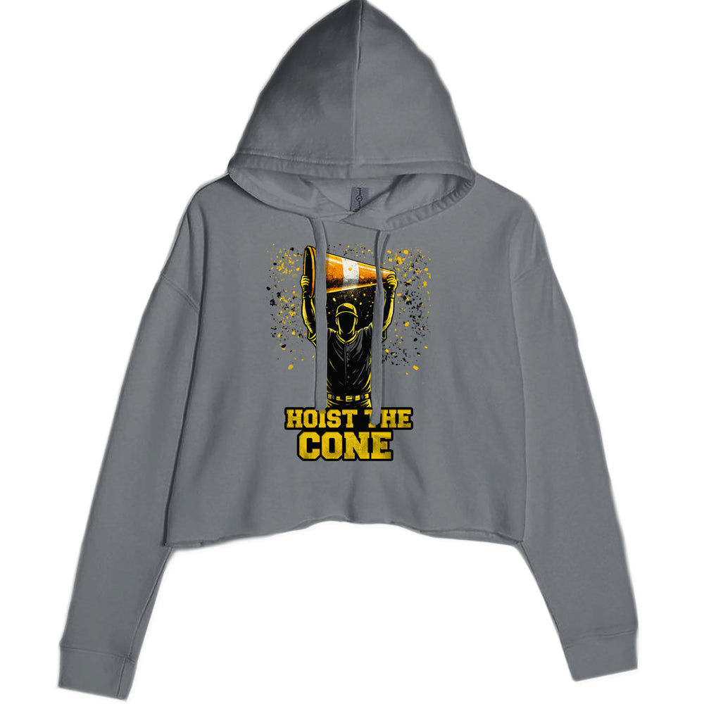 Hoist The Cone Pittsburgh Pride graphic on Women's Cropped Fleece Hoodie in Charcoal Grey