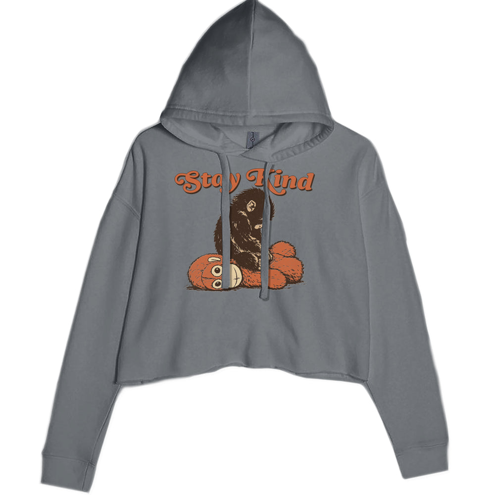 Punch Stay Kind Macaque graphic on Women's Cropped Fleece Hoodie in Charcoal Grey