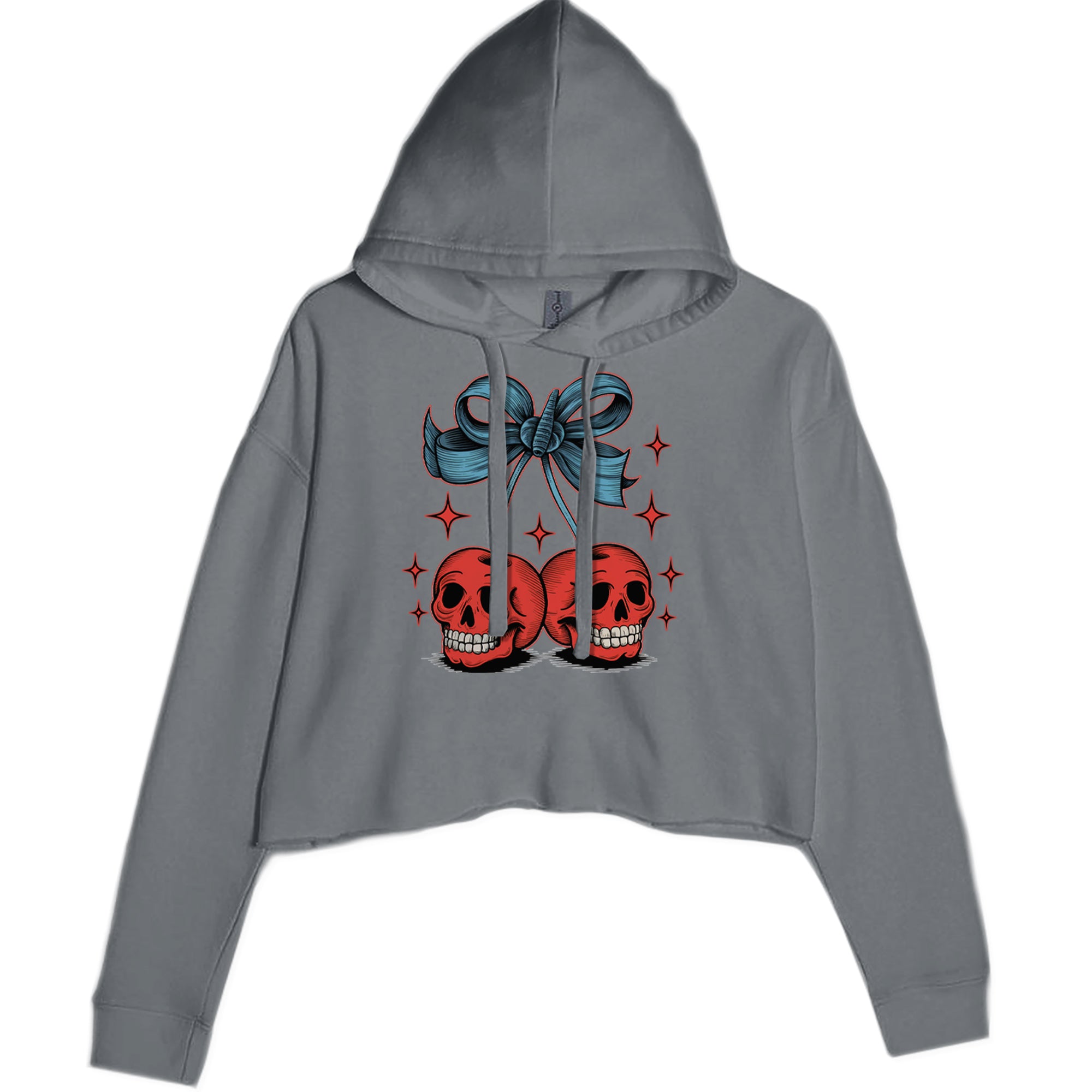 Cherry Skulls Retro Tattoo Cropped Hoodie Sweatshirt Charcoal Grey