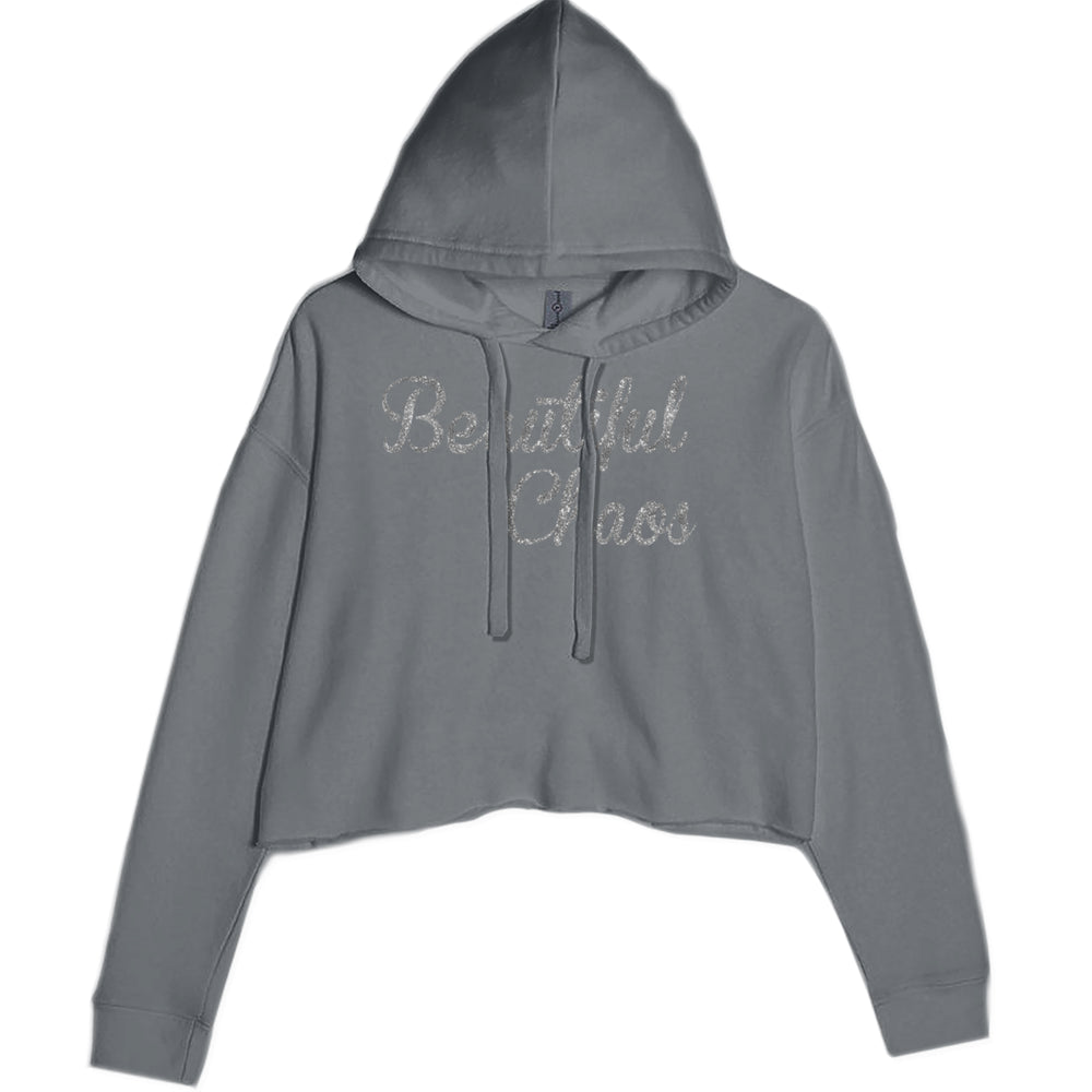 Beautiful Chaos Glitter Music Festival graphic on Women's Cropped Fleece Hoodie in Charcoal Grey
