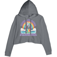 Rainbow dolphin graphic with sarcastic text on a women's cropped fleece hoodie with drawcord hood and raw-edge hem