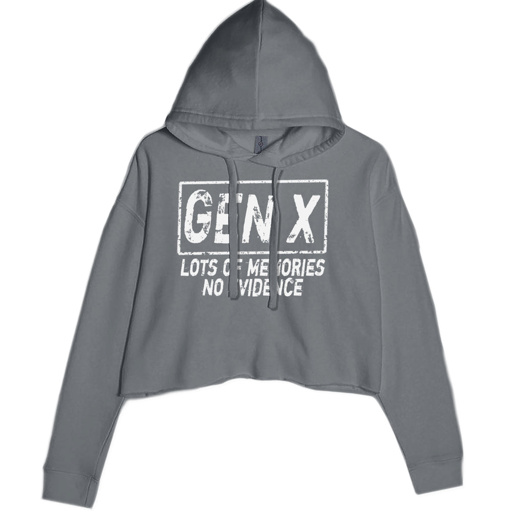 Gen X Lots of Memories No Evidence Nostalgia graphic on Women's Cropped Fleece Hoodie in Charcoal Grey