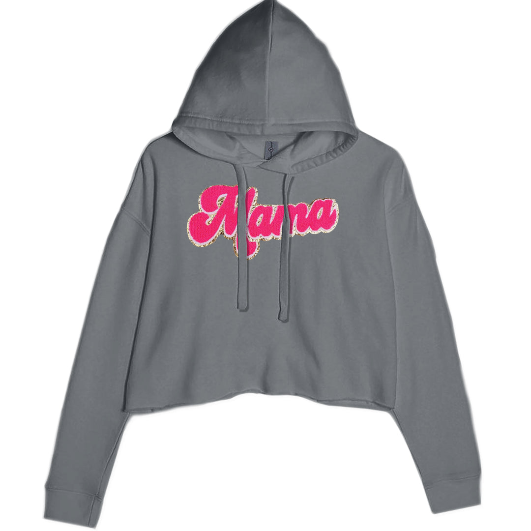 Mama Hot Pink Glitter Chenille Patch Cropped Hoodie Sweatshirt Charcoal Grey