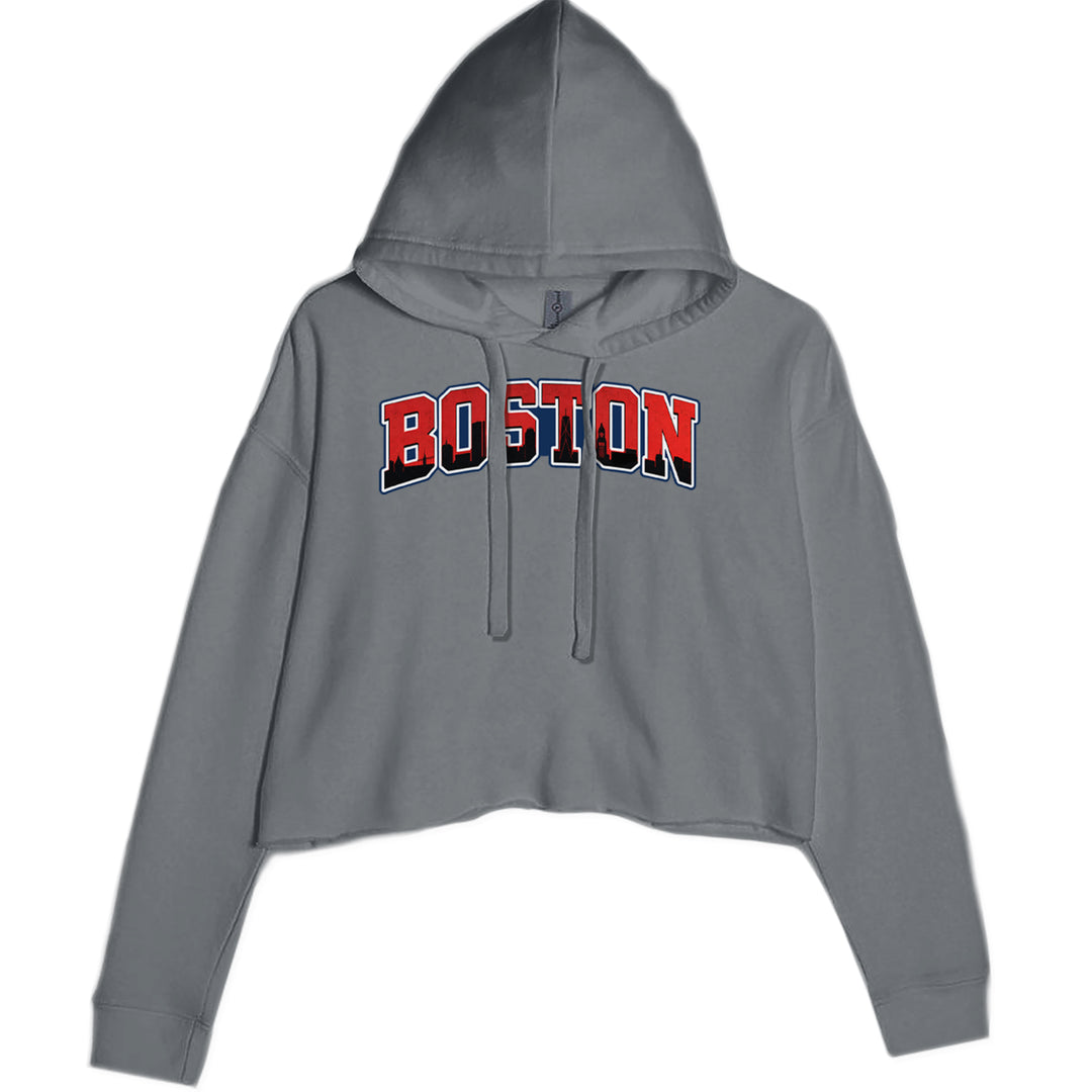 Boston City Pride Skyline graphic on Women's Cropped Fleece Hoodie in Charcoal Grey