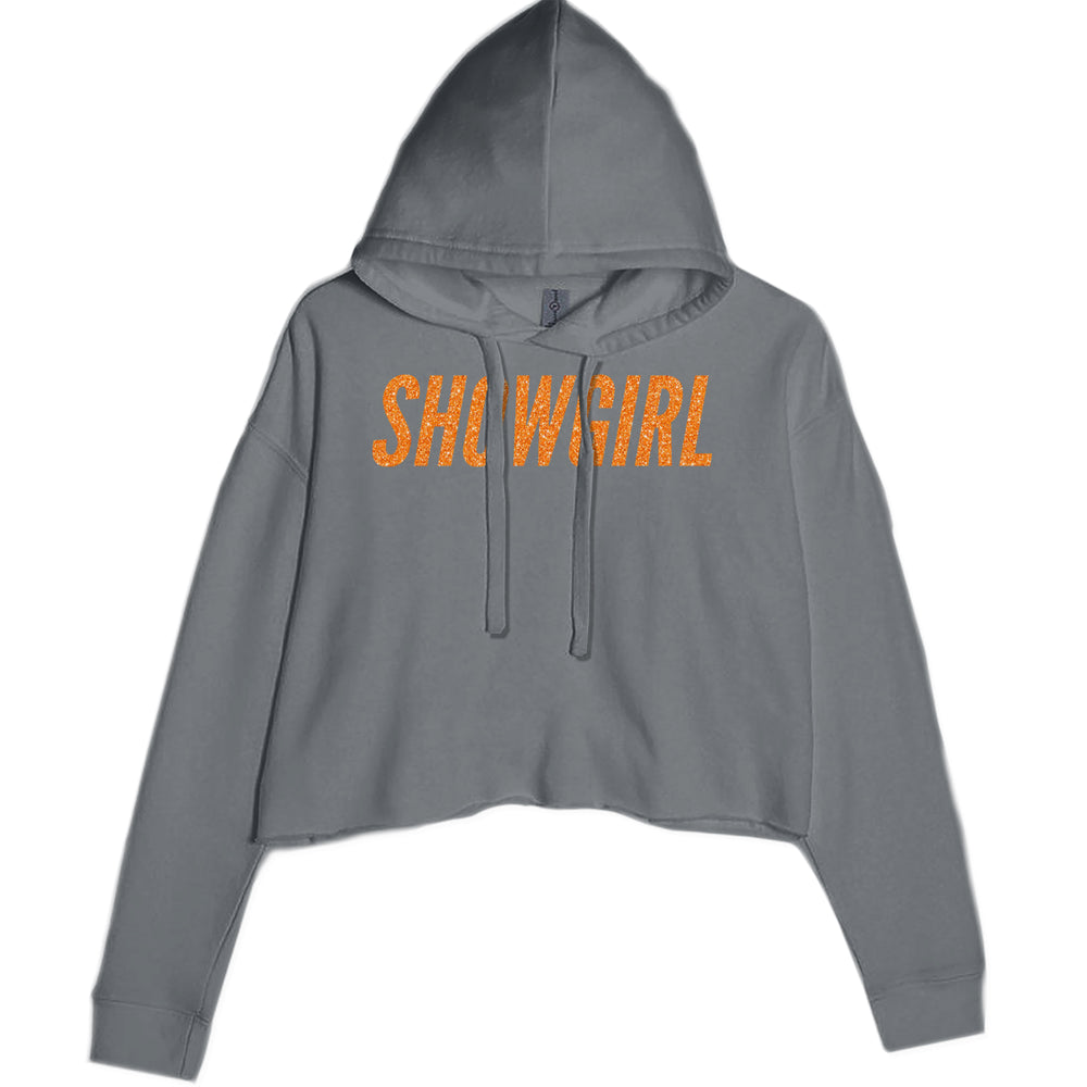 Showgirl Orange Glitter graphic on Women's Cropped Fleece Hoodie in Charcoal Grey