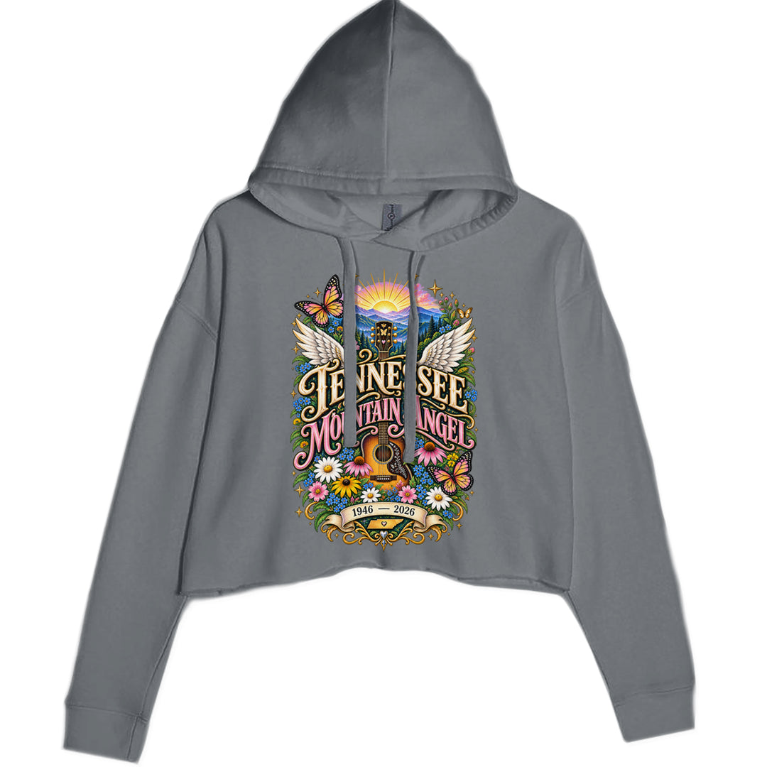 Tennessee Mountain Angel Wings Dolly Cropped Hoodie Sweatshirt Charcoal Grey
