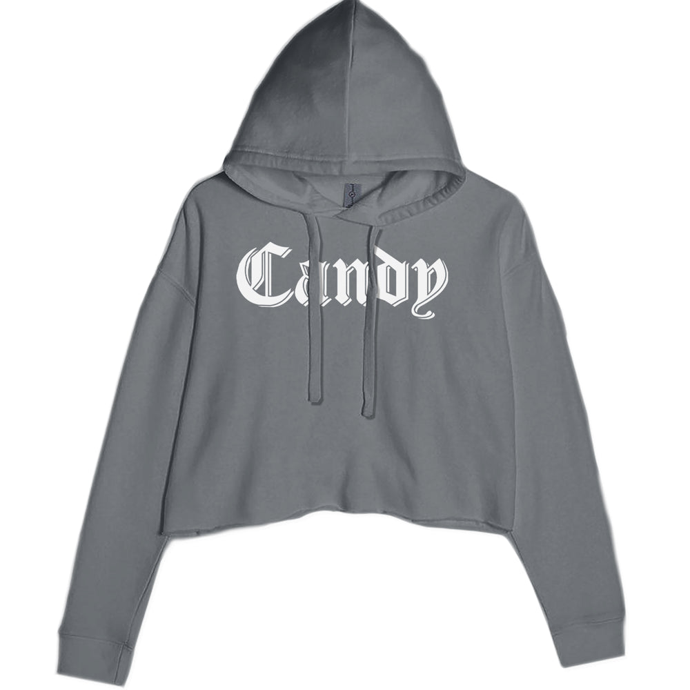Candy Gothic Lettering graphic on Women's Cropped Fleece Hoodie in Charcoal Grey