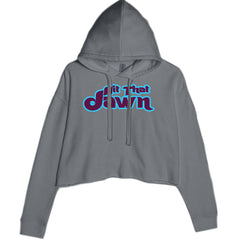 Hit That Jawn Philly baseball-style lettering on a women's cropped fleece hoodie with a raw-edge hem