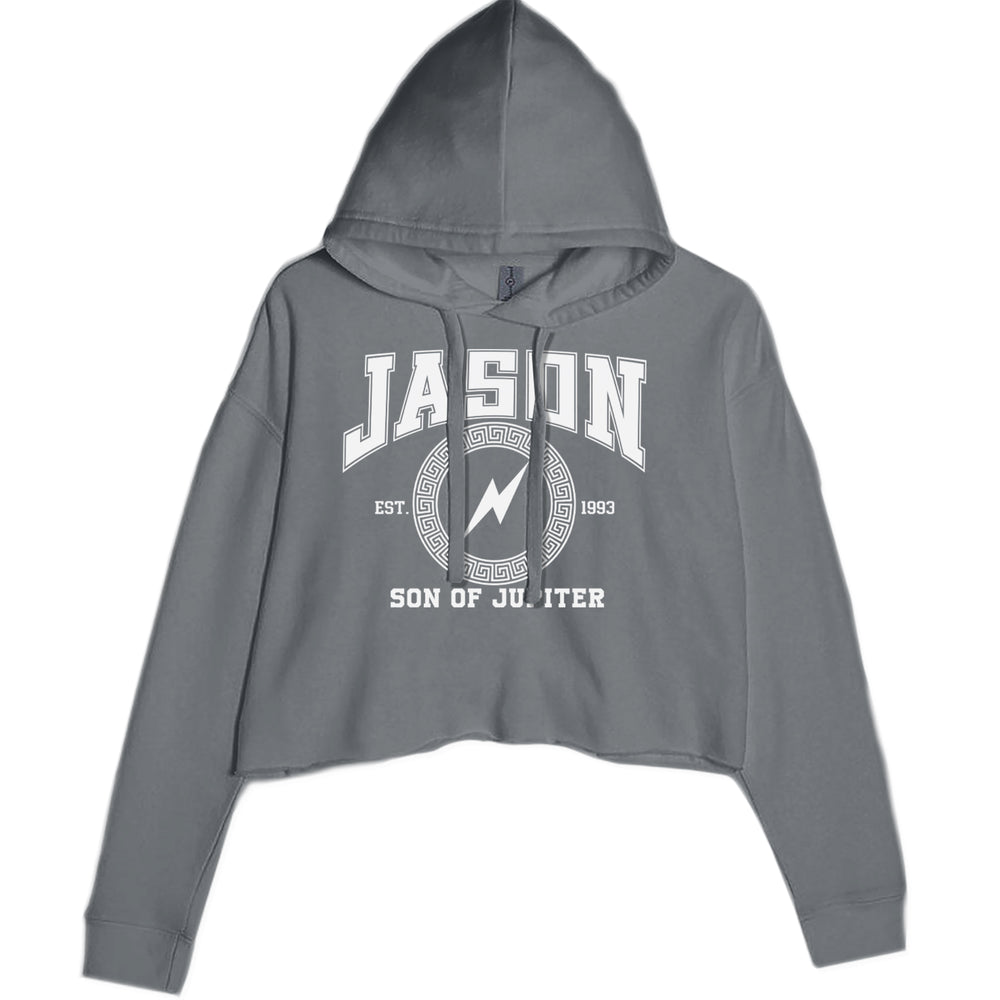 Jason Son of Jupiter Storm Bringer graphic on Women's Cropped Fleece Hoodie in Charcoal Grey