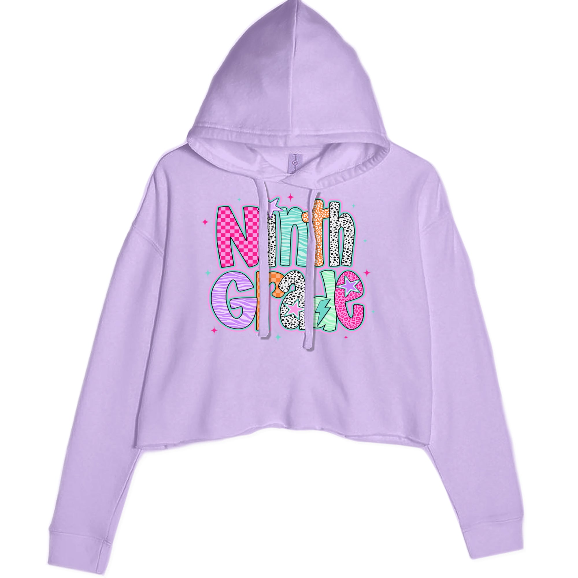 Ninth Grade Freshman Vibes Colorful Back to School Cropped Hoodie Sweatshirt Lavender