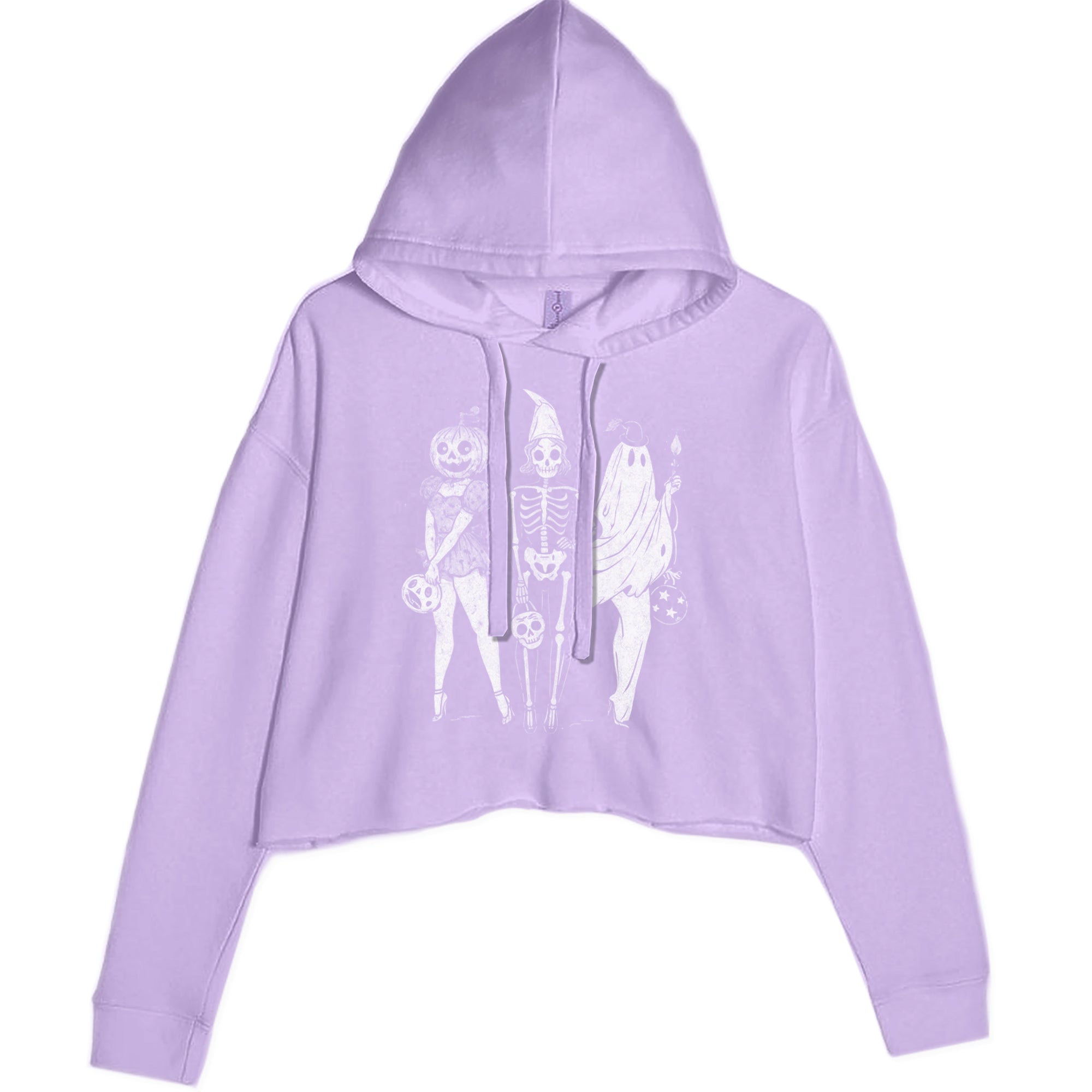Vintage Spooky Squad Pinup Halloween Design Cropped Hoodie Sweatshirt Lavender