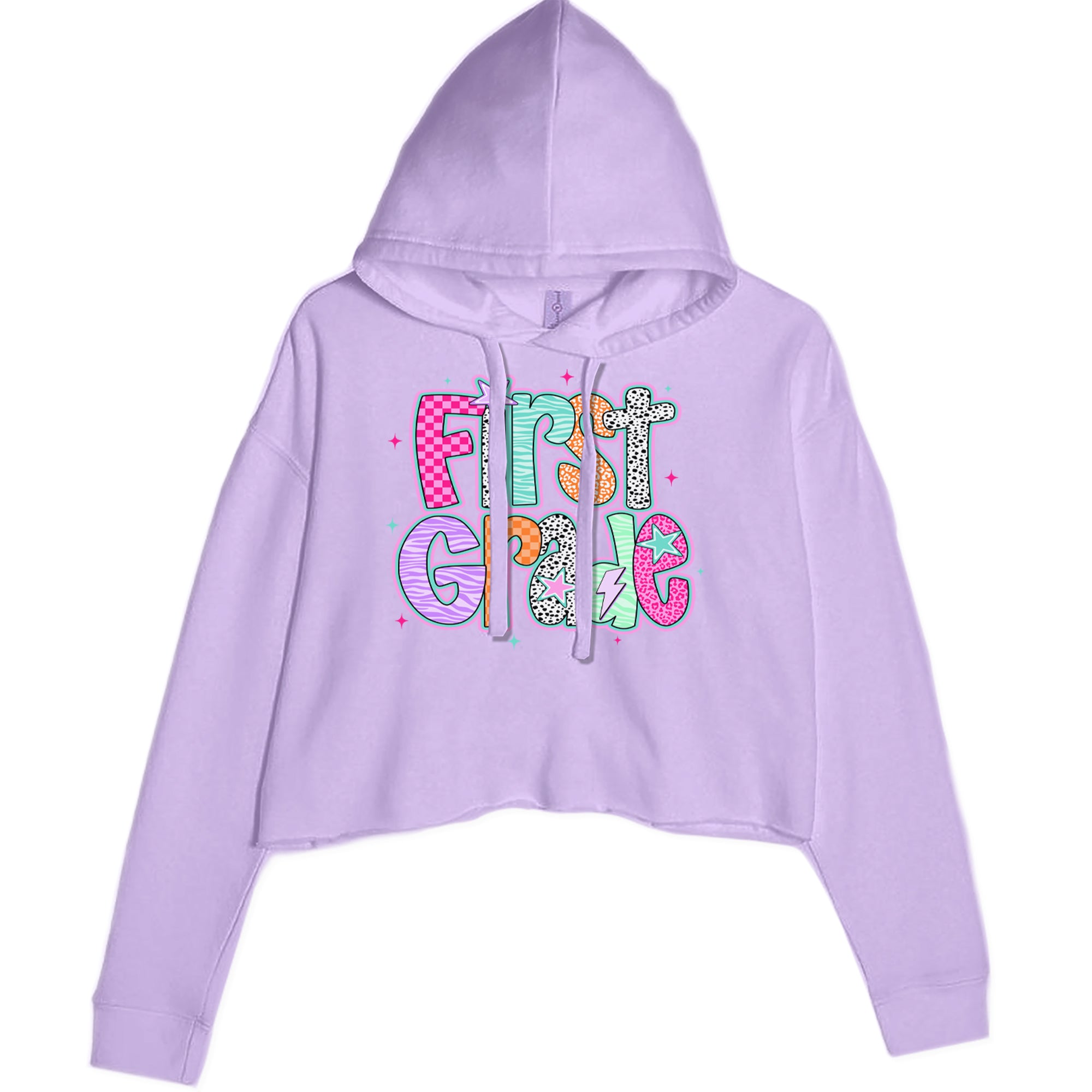 First Grade Vibes Colorful Back to School Cropped Hoodie Sweatshirt Lavender