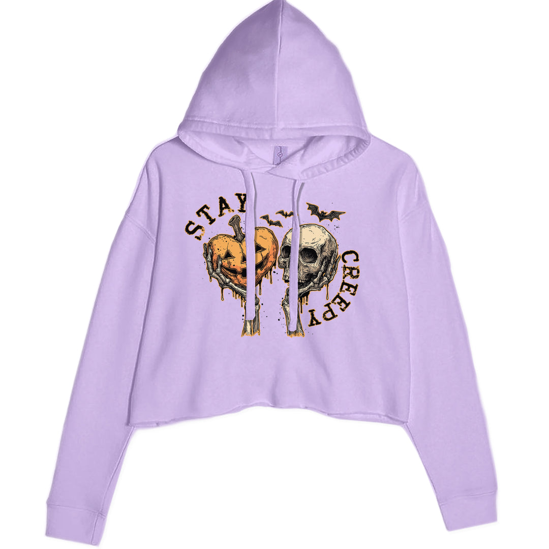 Stay Creepy Skull and Pumpkin Halloween Cropped Hoodie Sweatshirt Lavender