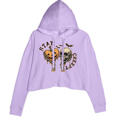 Stay Creepy Skull and Pumpkin Halloween Cropped Hoodie Sweatshirt Lavender