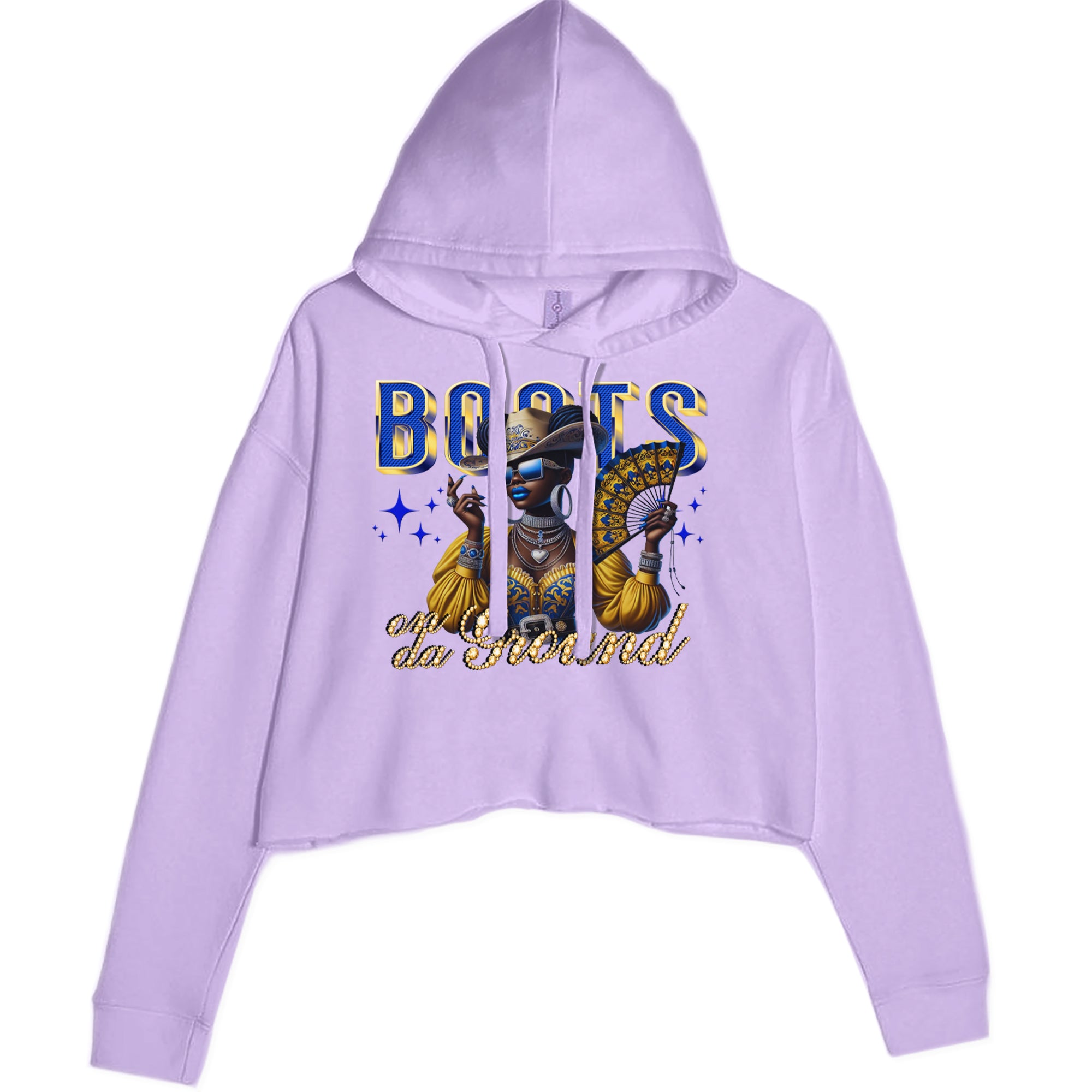 Boots On Da Ground Folding Fan Cropped Hoodie Sweatshirt Lavender