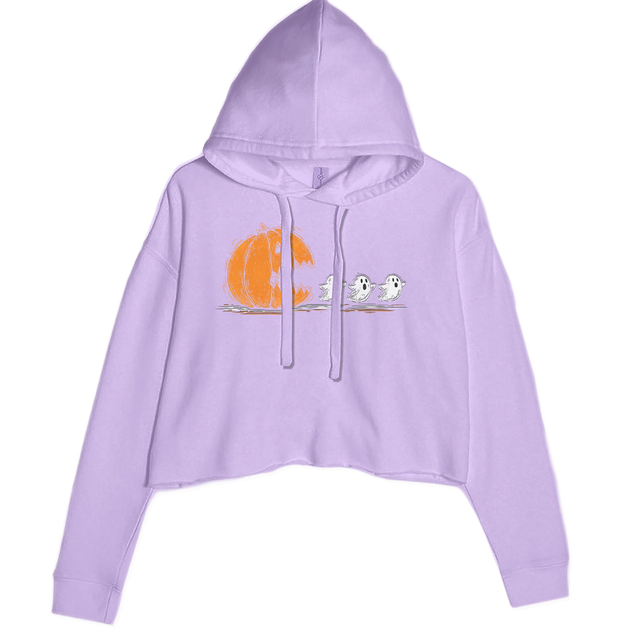 Pumpkin Pacman Chasing Ghosts Halloween Cropped Hoodie Sweatshirt Lavender