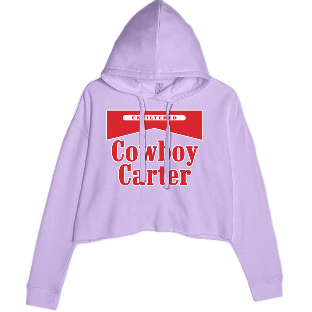 "Cowboy Carter" bold typography with "UNFILTERED" stamp on a Women's Cropped Fleece Hoodie