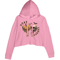 Stay Creepy Skull and Pumpkin Halloween Cropped Hoodie Sweatshirt Mauve