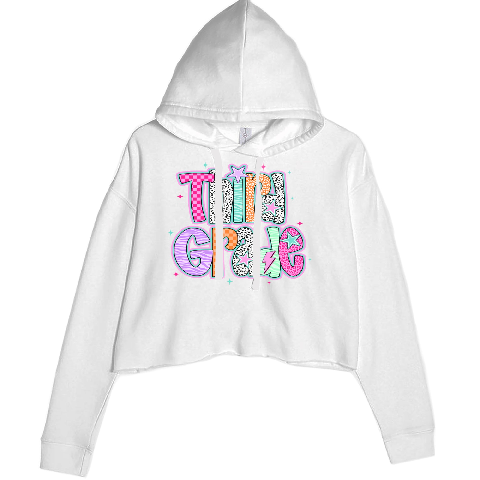Third Grade Thunder Colorful Back to School Cropped Hoodie Sweatshirt White