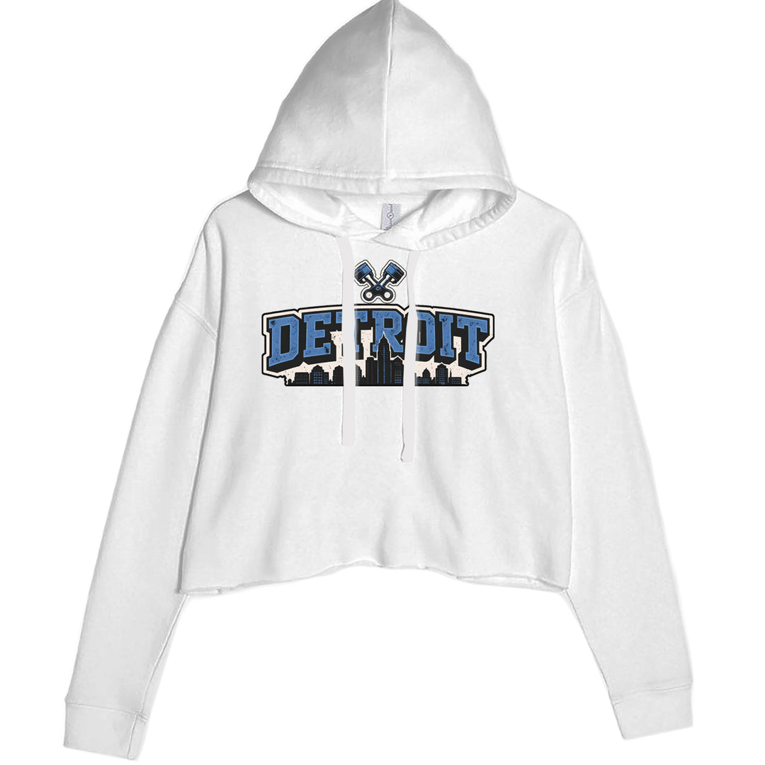 Detroit Motor City Retro Piston Cropped Hoodie Sweatshirt White