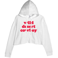 Retro bubble-letter western slogan on a women's cropped fleece hoodie with a raw-edge hem and flat drawcord hood