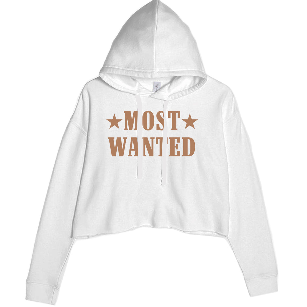 Women's cropped fleece hoodie with bold "MOST WANTED" Western poster-style lettering and small star icons