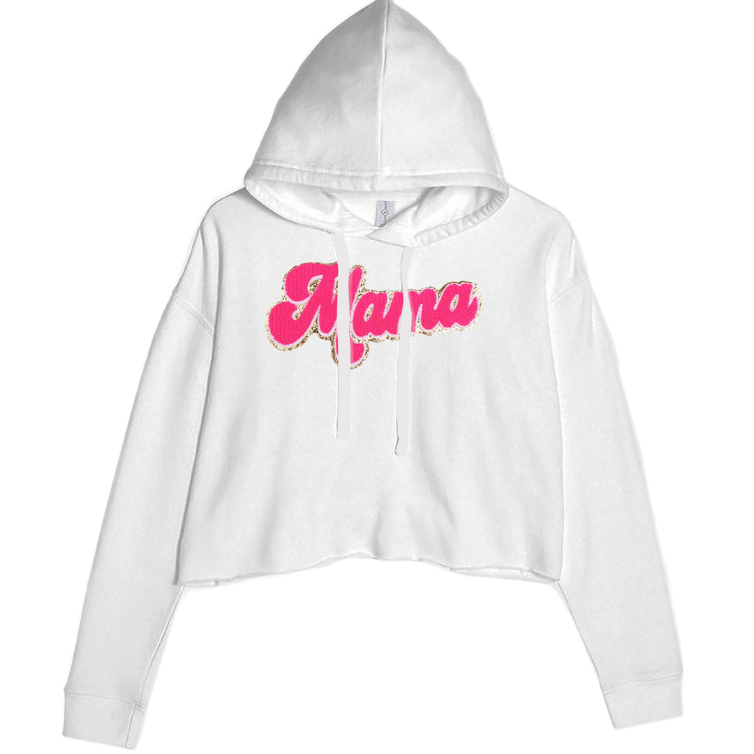 Mama Hot Pink Glitter Chenille Patch Cropped Hoodie Sweatshirt White