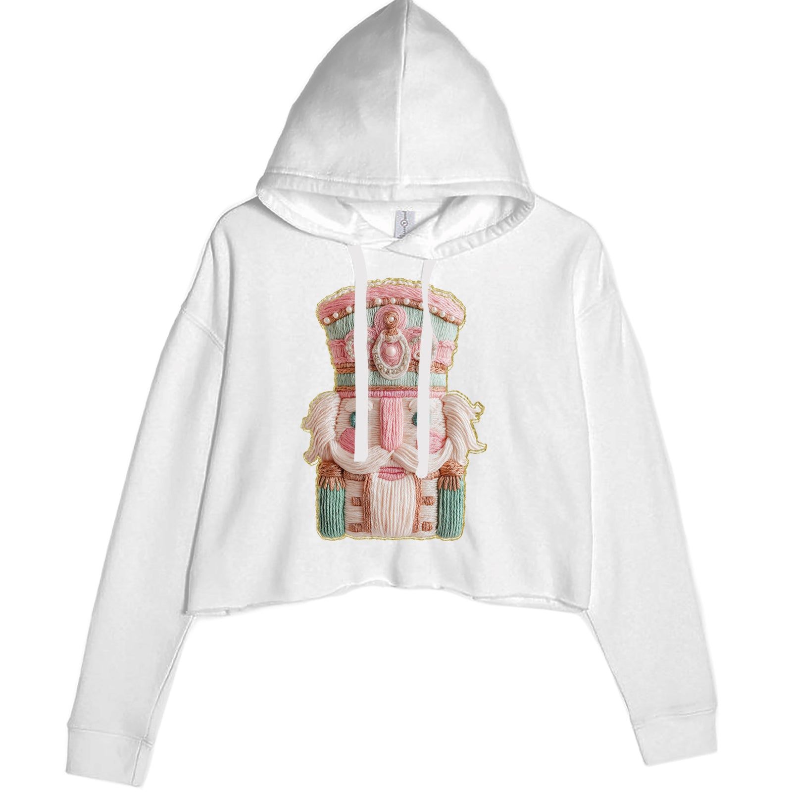 Vintage Nutcracker Embroidery Art Soft Cottagecore Cropped Hoodie Sweatshirt White
