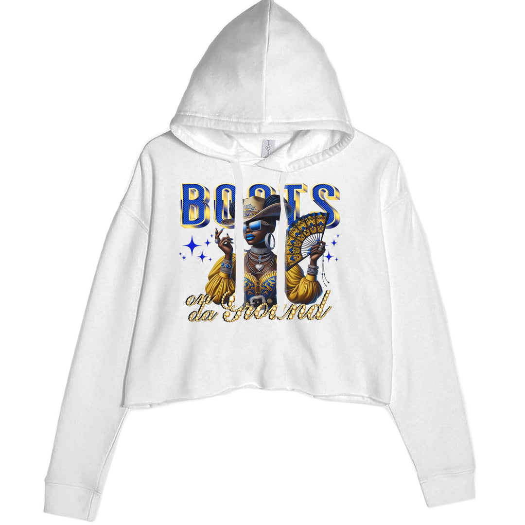 Boots On Da Ground Folding Fan Cropped Hoodie Sweatshirt White