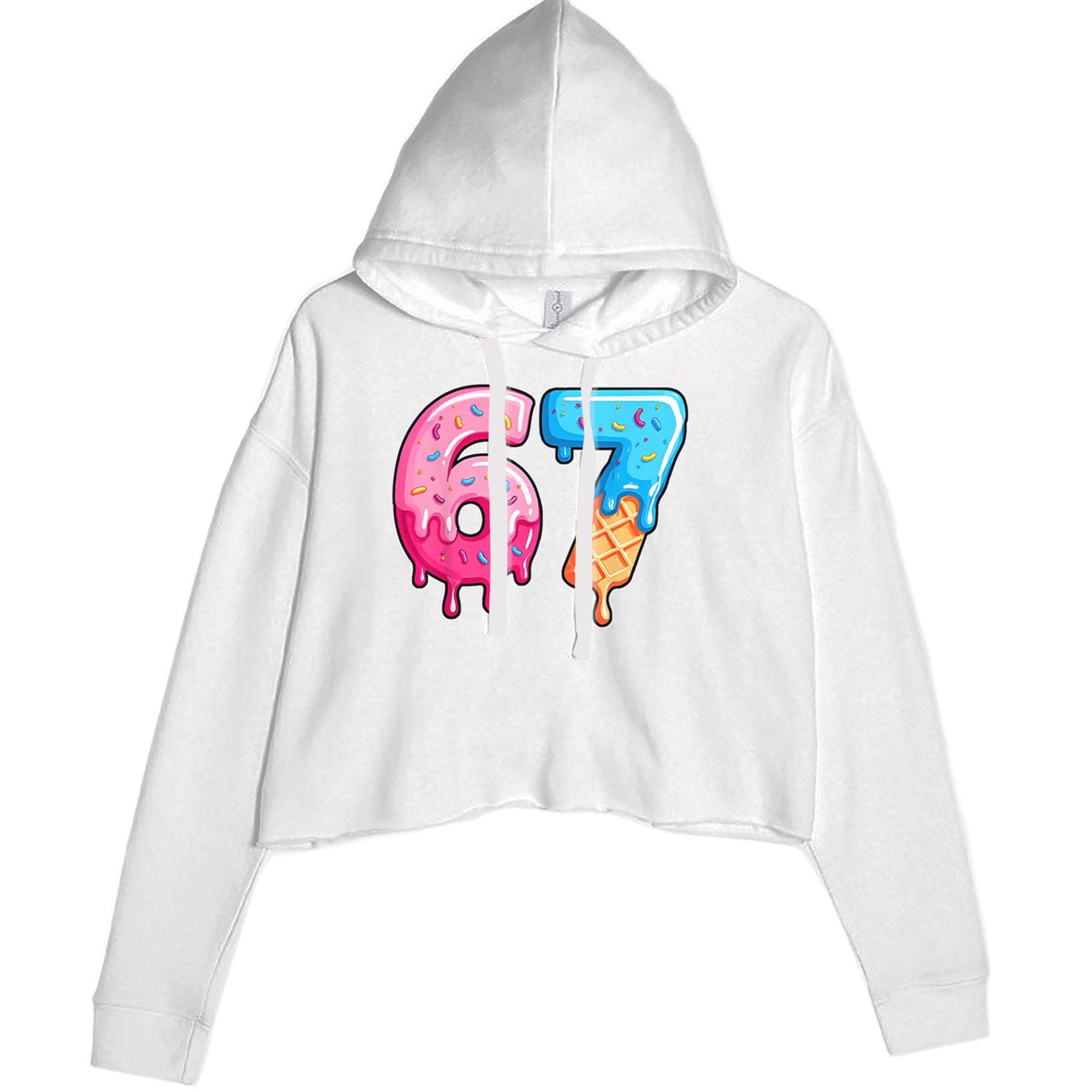 67 Dripping Ice Cream Donut Melt Cropped Hoodie Sweatshirt White