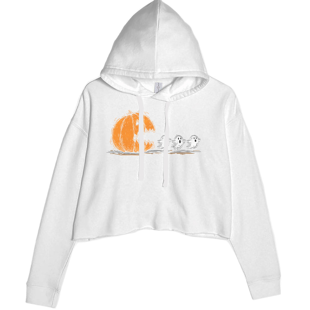 Pumpkin Pacman Chasing Ghosts Halloween Cropped Hoodie Sweatshirt White