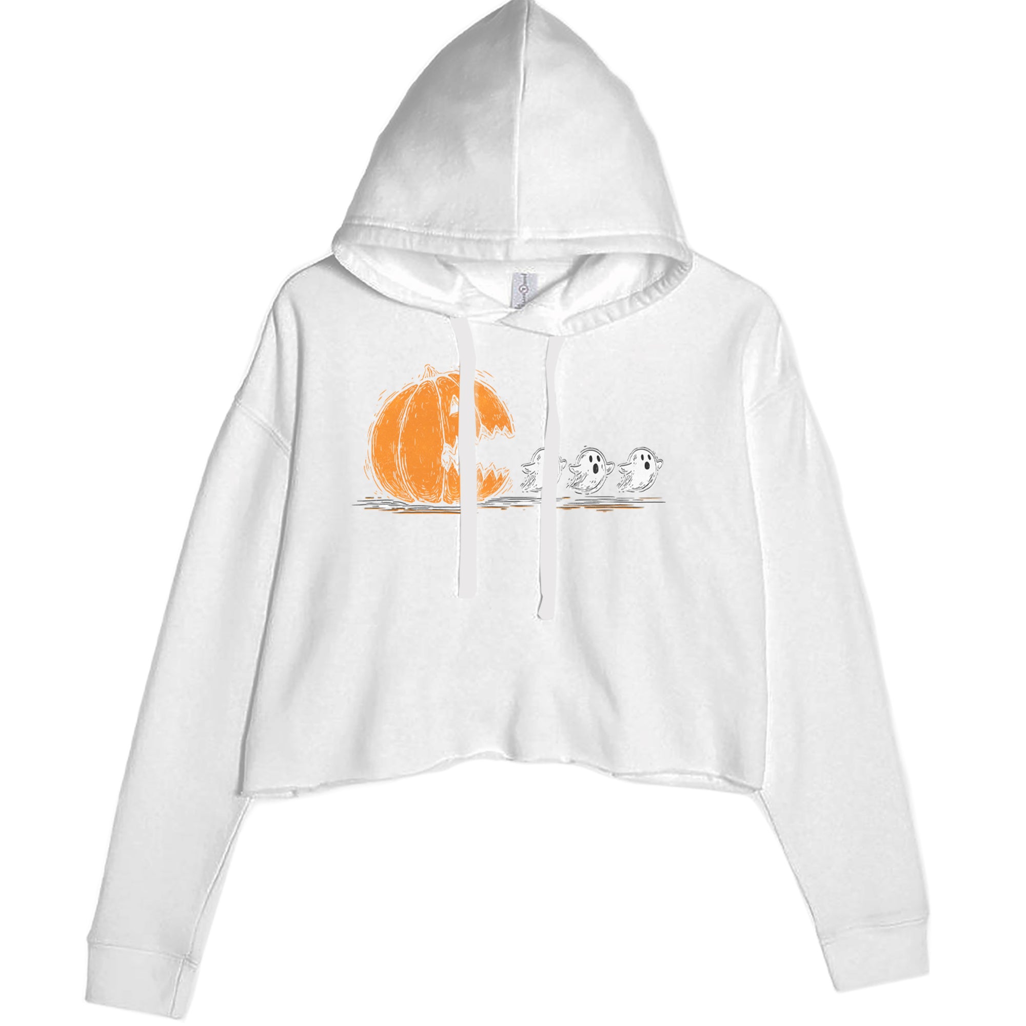 Pumpkin Pacman Chasing Ghosts Halloween Cropped Hoodie Sweatshirt White