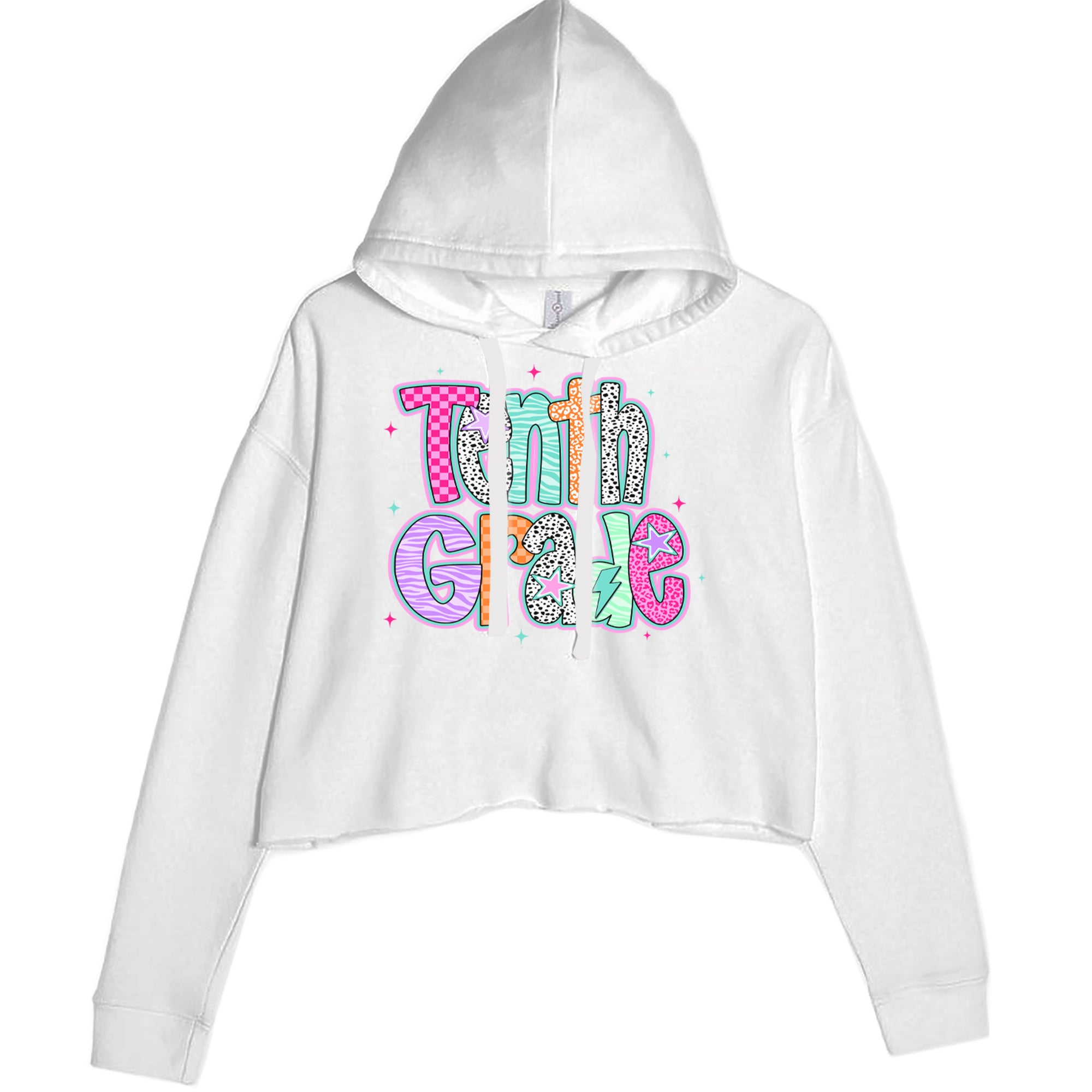 Tenth Grade Trendsetter Colorful Back to School Cropped Hoodie Sweatshirt White