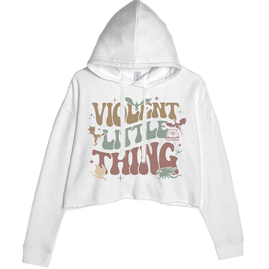 Women's Cropped Fleece Hoodie with storybook dragon silhouettes, sparkly stars, and a small stack of spell books with bold phrase