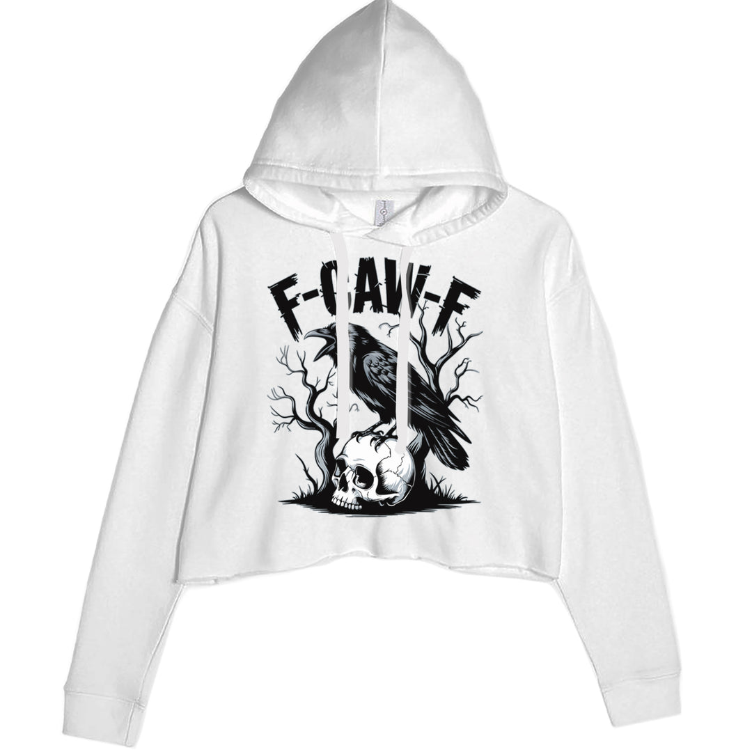 F-Caw-F Crow On Skull F-ck Off Gothic Cropped Hoodie Sweatshirt White