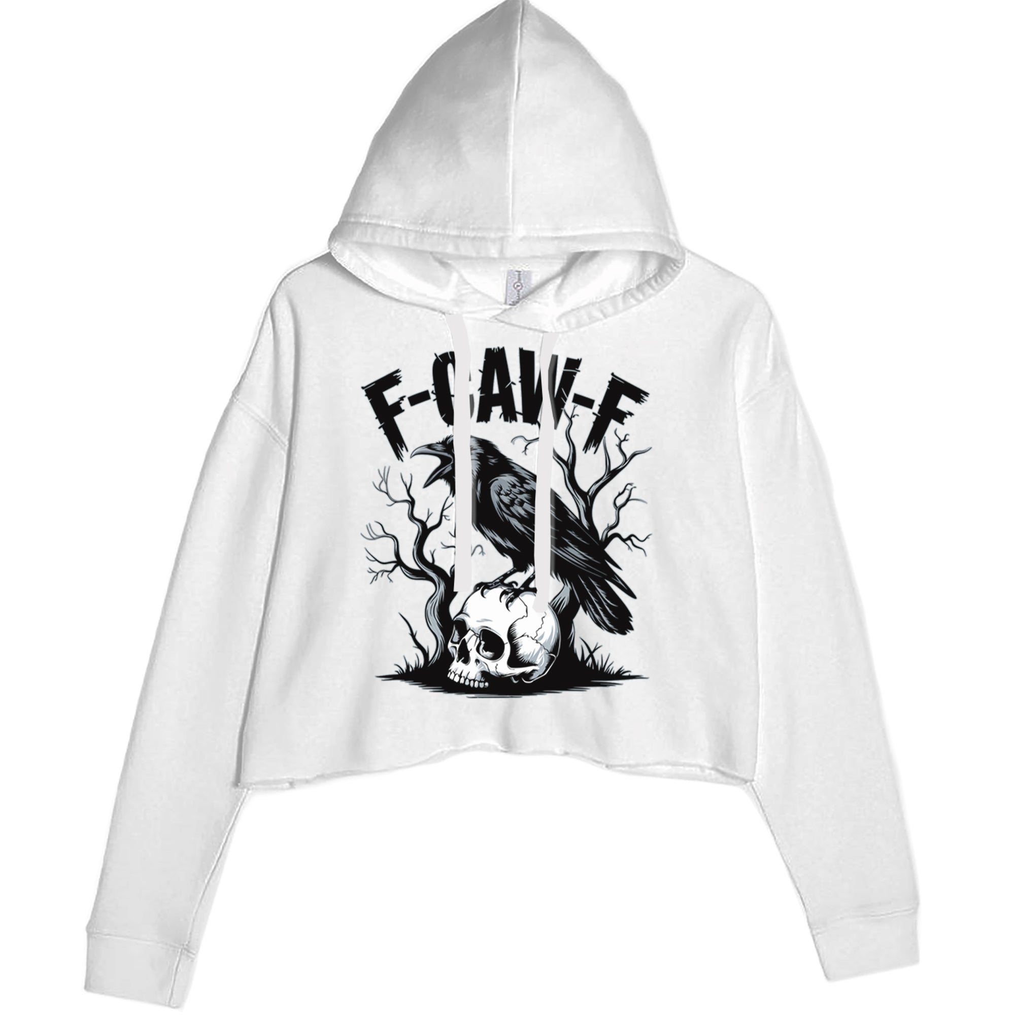 F-Caw-F Crow On Skull F-ck Off Gothic Cropped Hoodie Sweatshirt White