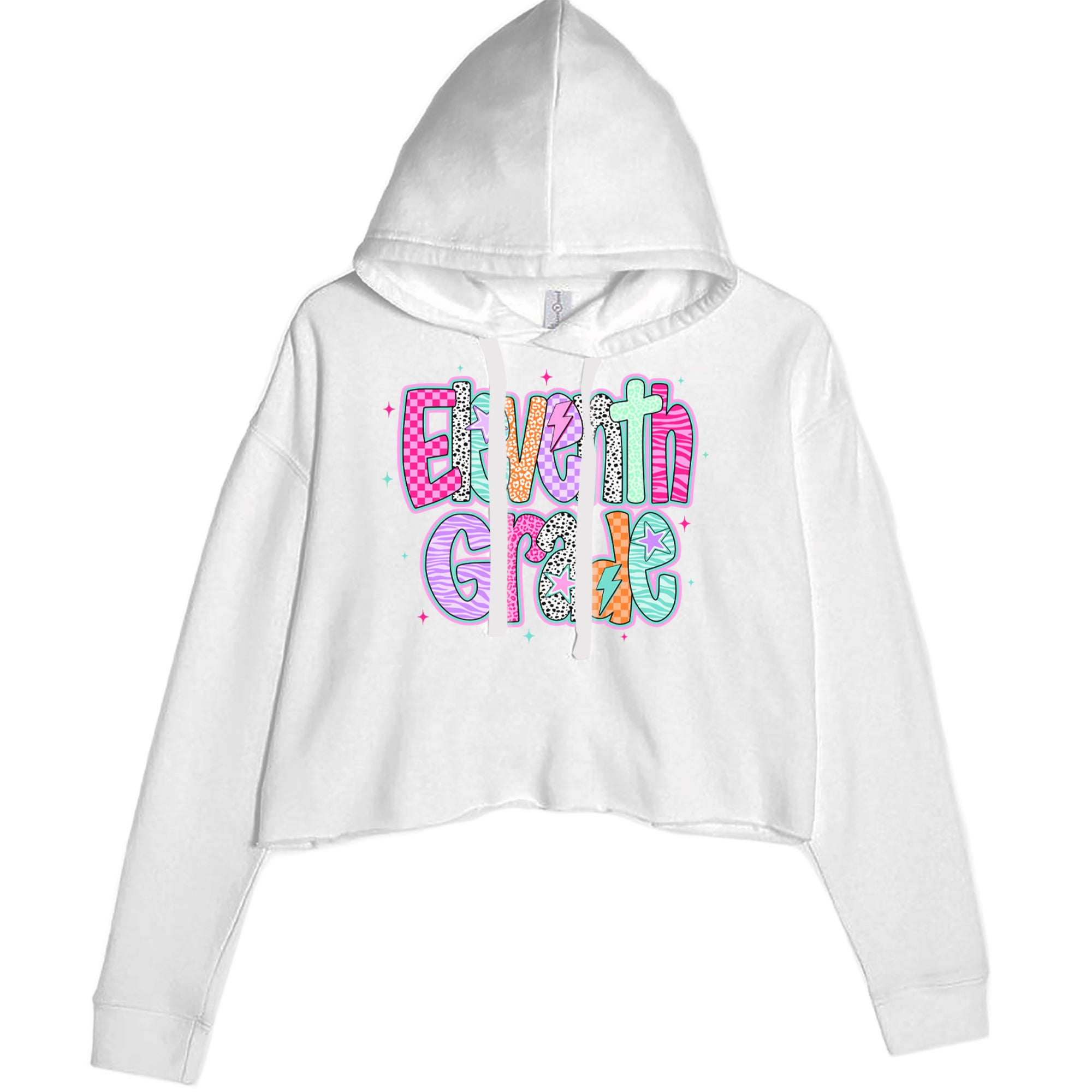 Eleventh Grade Extra Colorful Back to School Cropped Hoodie Sweatshirt White