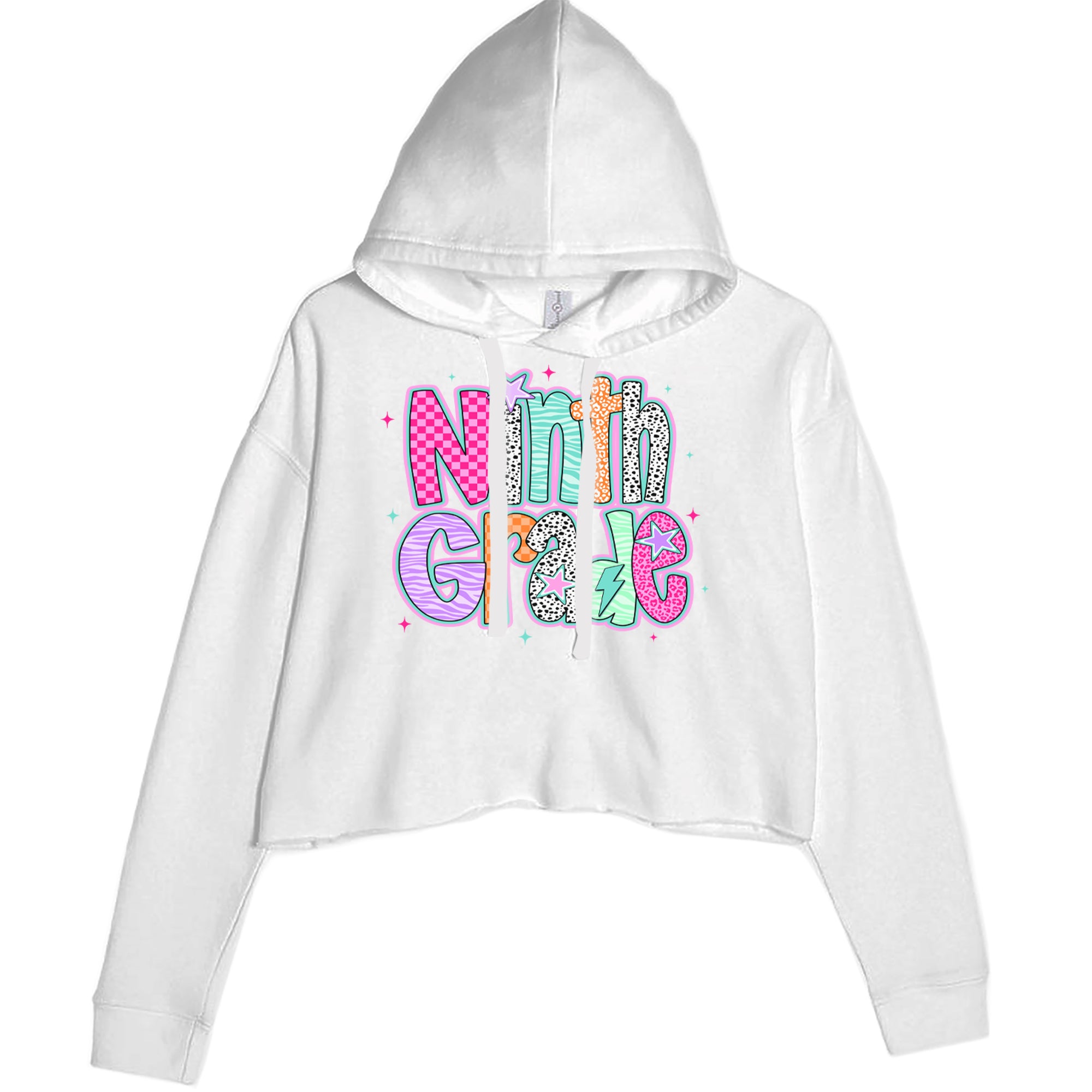 Ninth Grade Freshman Vibes Colorful Back to School Cropped Hoodie Sweatshirt White