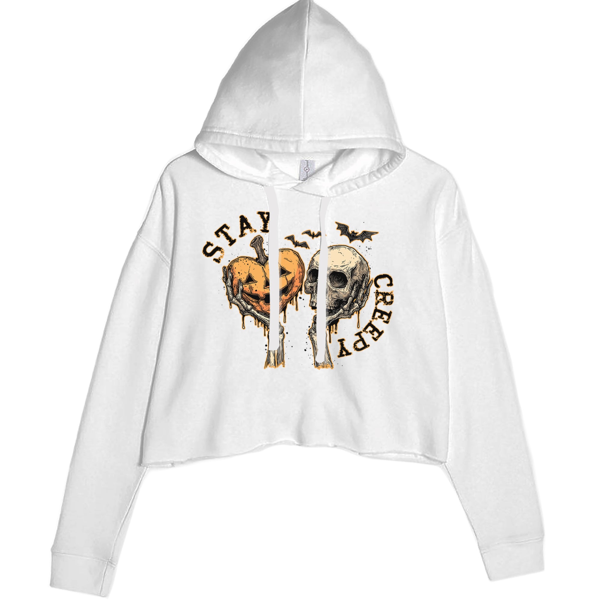 Stay Creepy Skull and Pumpkin Halloween Cropped Hoodie Sweatshirt White