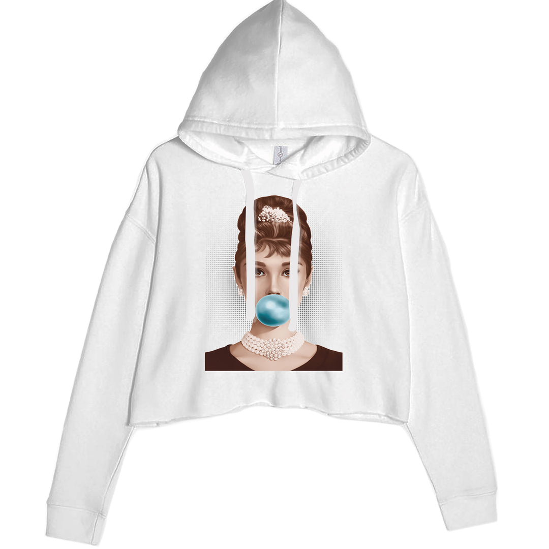 Audrey Hepburn Chewing Bubble Gum American Icon Cropped Hoodie Sweatshirt White